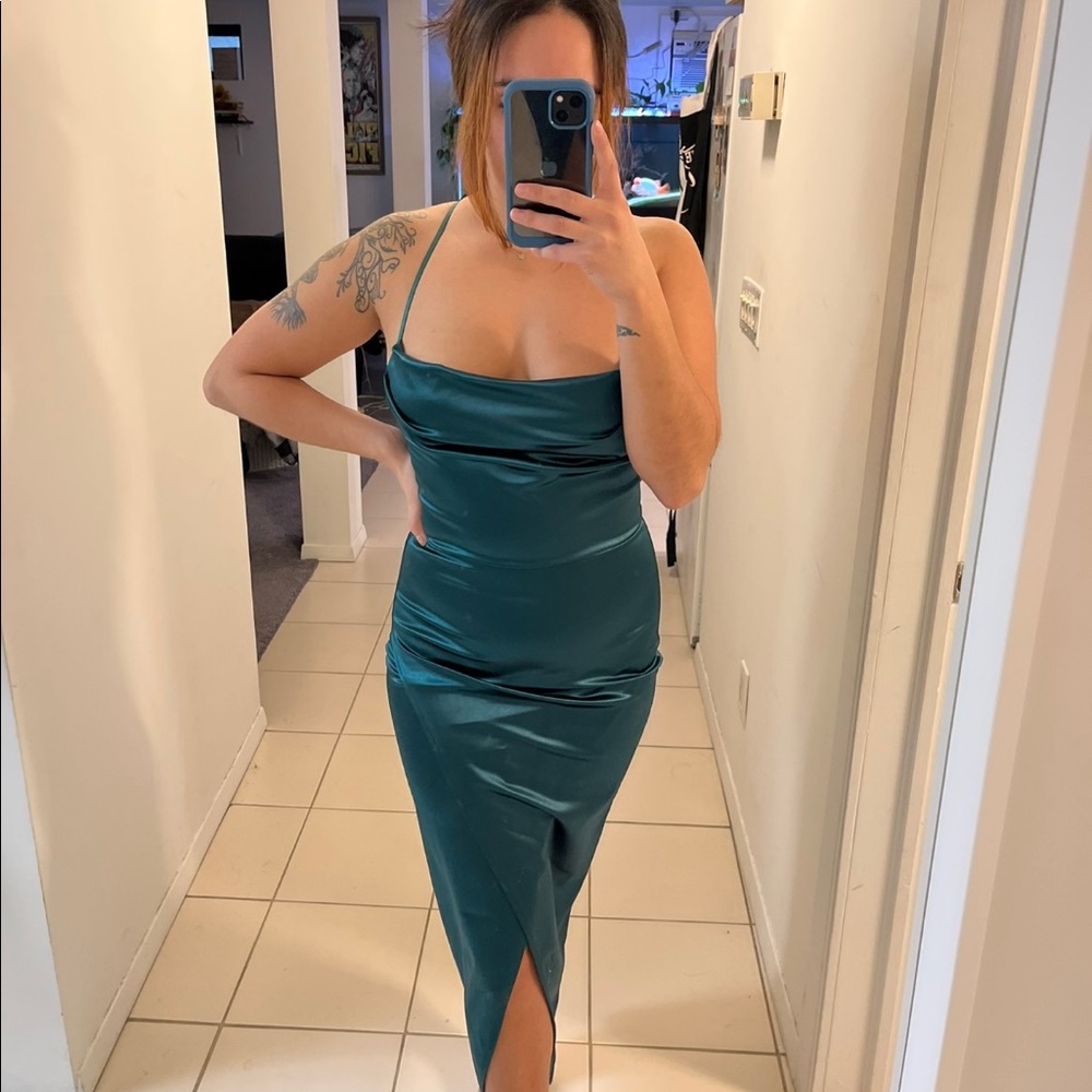 Lillyanne Formal Satin Asymmetrical Midi Dress.